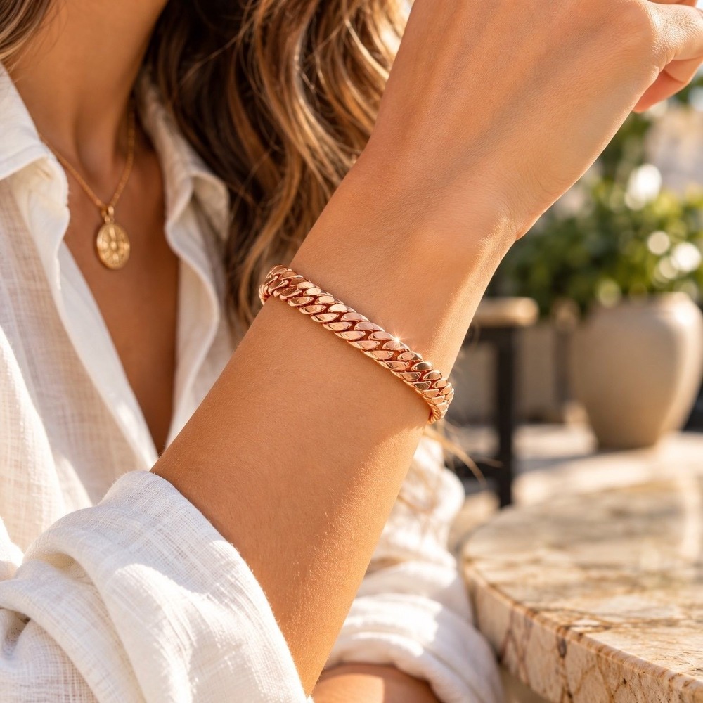 Copper Cuban Chain Bracelet Rose Gold Tone 7" Chunky Curb Link Lobster Clasp NEW